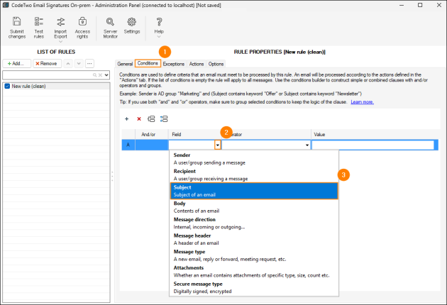 Choosing the Subject condition.