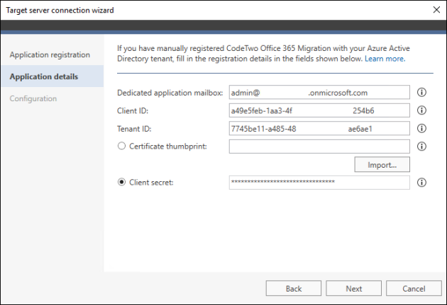 Providing the registration details in the target server connection wizard in CodeTwo Office 365 Migration.