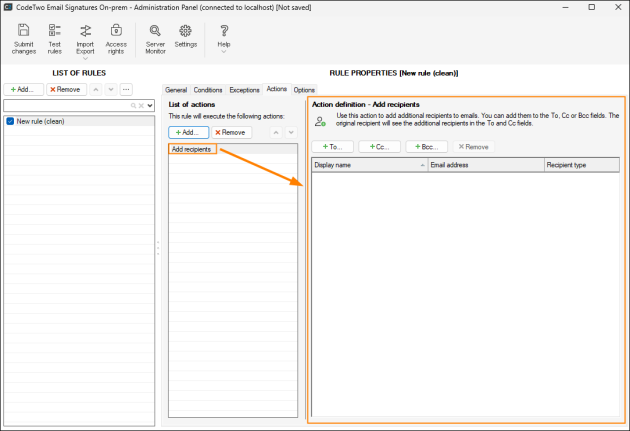 Properties pane for the Add recipients action.