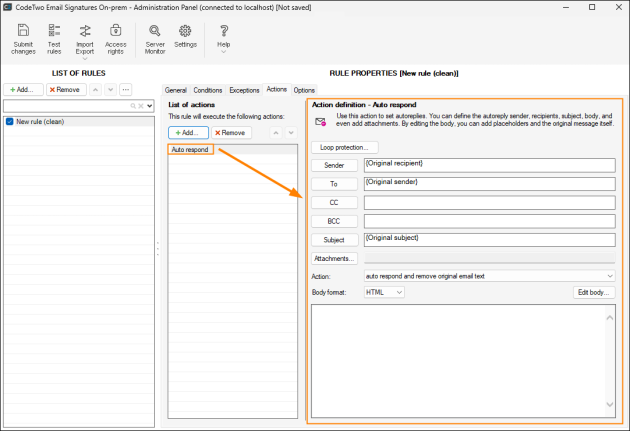 The properties pane of the Auto respond action.