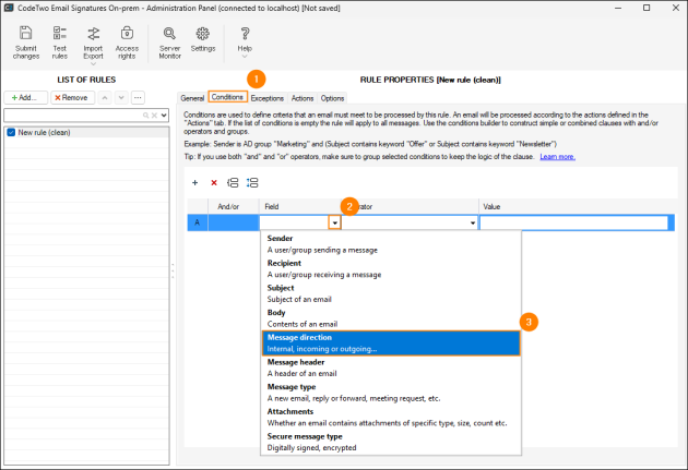 Choosing the Message direction condition.