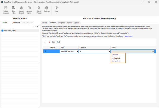 Configuring the Message direction condition.