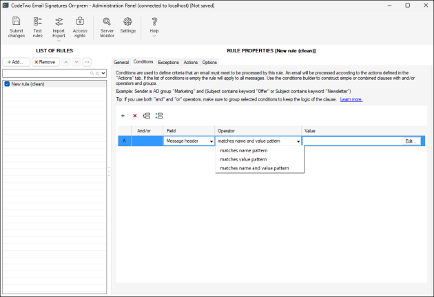 Configuring the Message header condition.