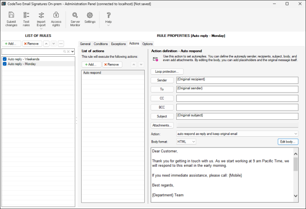 Configuring the Auto respond action.