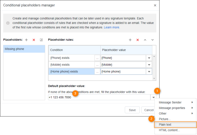 Providing the default placeholder value that will replace the placeholder if none of the conditions are met when an email is sent.