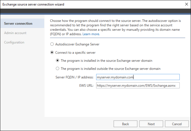Selecting how you want to connect to a source Exchange server.