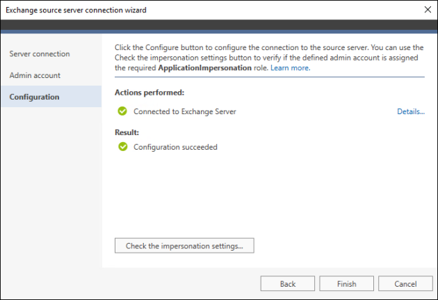 Summary of a successful connection to a source hosted Exchange server.