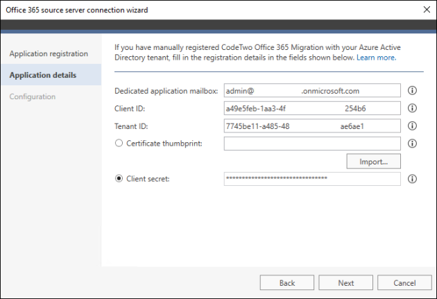 Application registration details filled out in the source Office 365 server connection wizard.