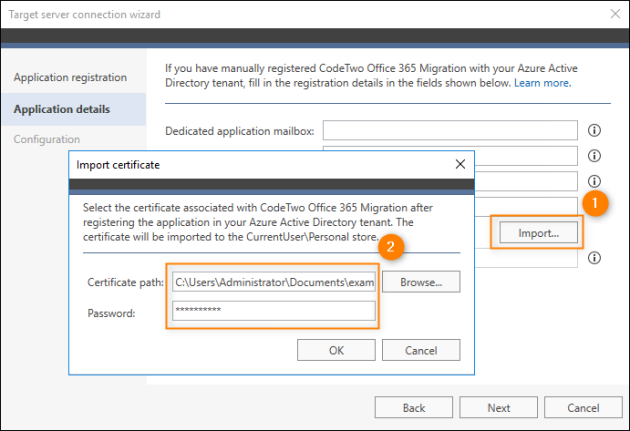 Importing the certificate associated with the CodeTwo migration application.