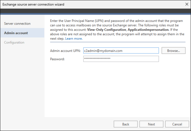 Providing admin account credentials to connect to on-premises Exchange.