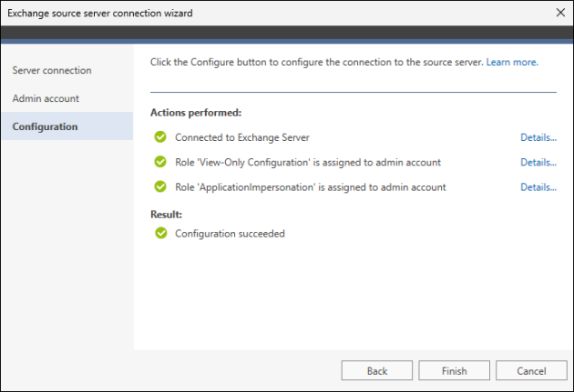 Successful configuration of a connection with a source Exchange server.