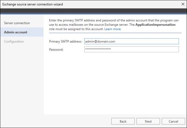 Providing admin account credentials to connect to a hosted Exchange server.