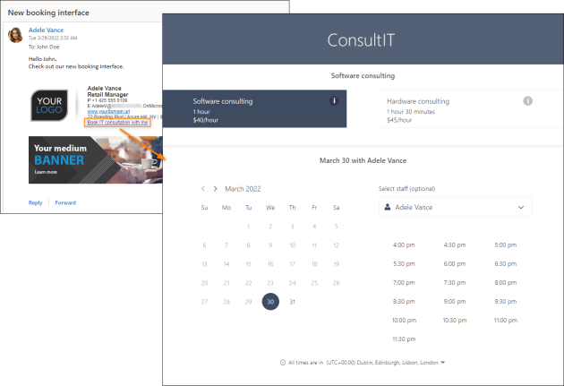 Accessing the company-wide booking page via link in the email signature.
