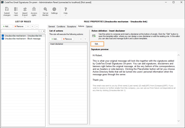 Opening the template editor.