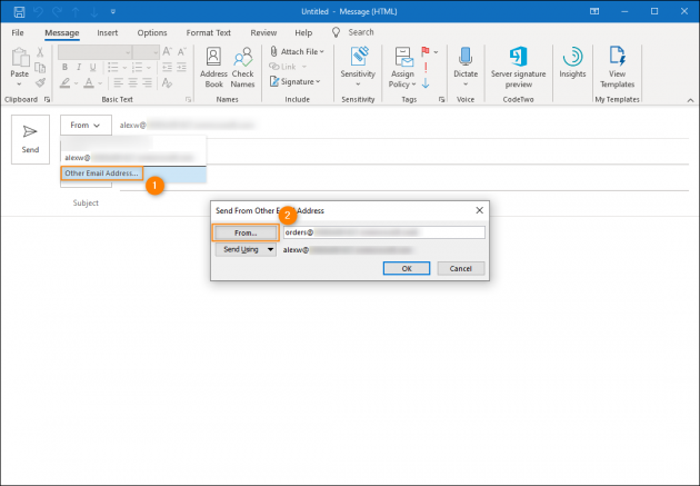 Selecting a shared mailbox from the Global Address List.