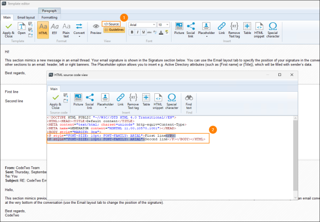 Editing the HTML code in the HTML source code view.
