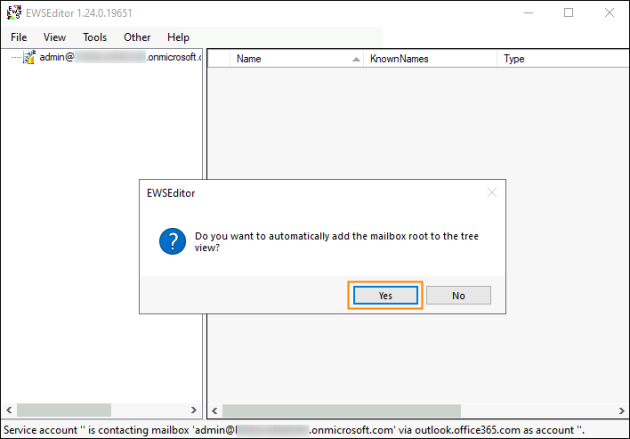 The prompt that allows you to browse the mailbox content in EWSEditor.