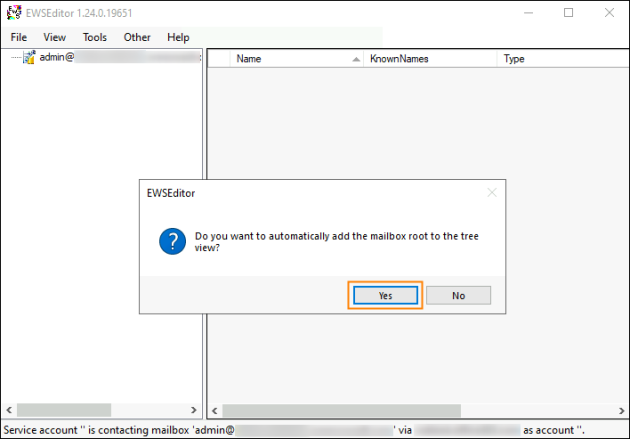 The prompt that allows you to browse the mailbox content in EWSEditor.