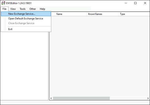 Creating a new EWS connection to a mailbox in EWSEditor.