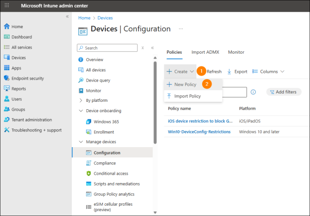 Accessing the configuration policy creation settings in the Microsoft Intune admin center.