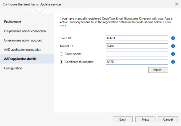 The Sent Items Update configuration wizard: providing the application registration details.
