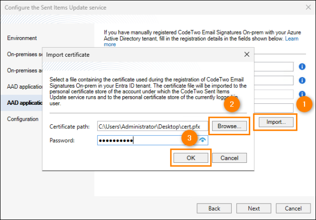 The Sent Items Update configuration wizard: importing a certificate.