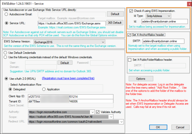 Configuring an OAuth 2.0 connection to a user’s mailbox using impersonation.