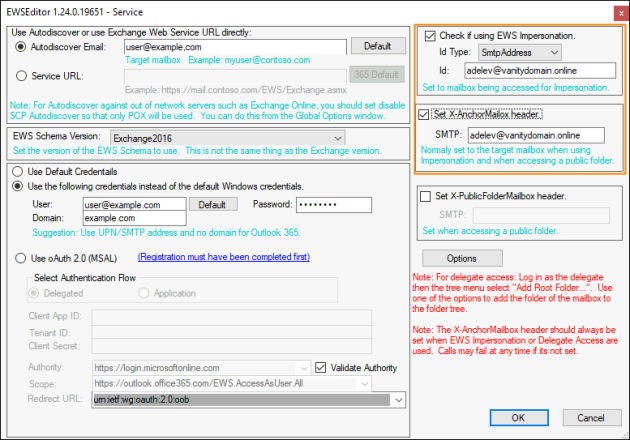Configuring a connection to a user’s mailbox using impersonation.