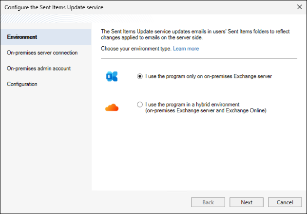 The Sent Items Update configuration wizard: environment type selection.