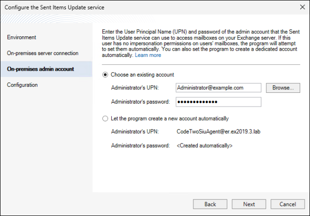 The Sent Items Update configuration wizard: on-premises account manual setup.