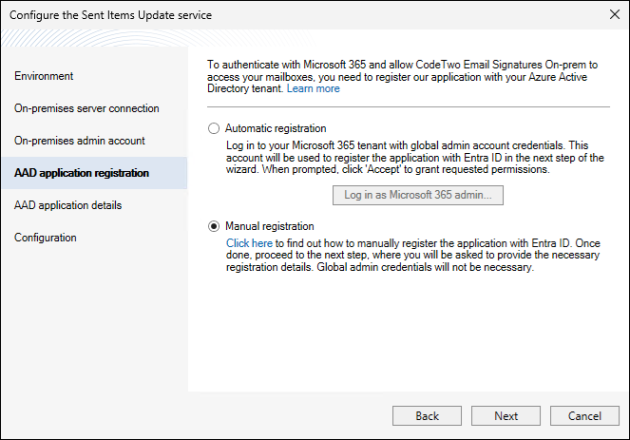 The Sent Items Update configuration wizard: proceeding with the manual application registration option.