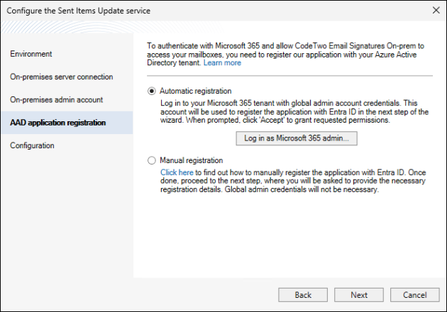 The Sent Items Update configuration wizard: automatic application registration.