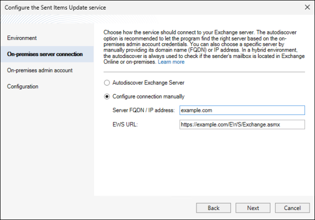 The Sent Items Update configuration wizard: establishing a manual connection to an on-premises server.