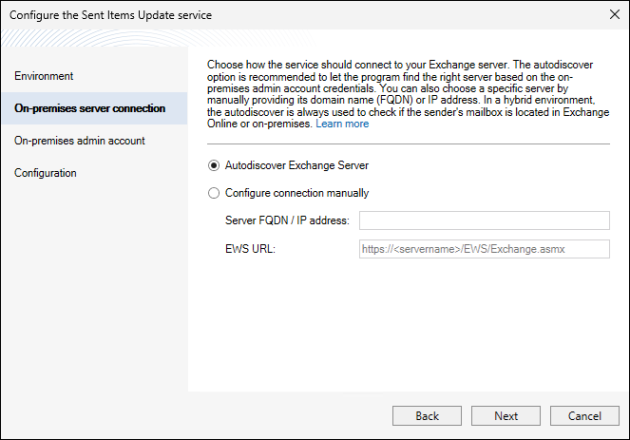The Sent Items Update configuration wizard: connecting to an on-premises Exchange Server via the Autodiscover mechanism.