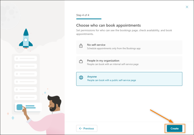 Completing the wizard to create a new booking page.