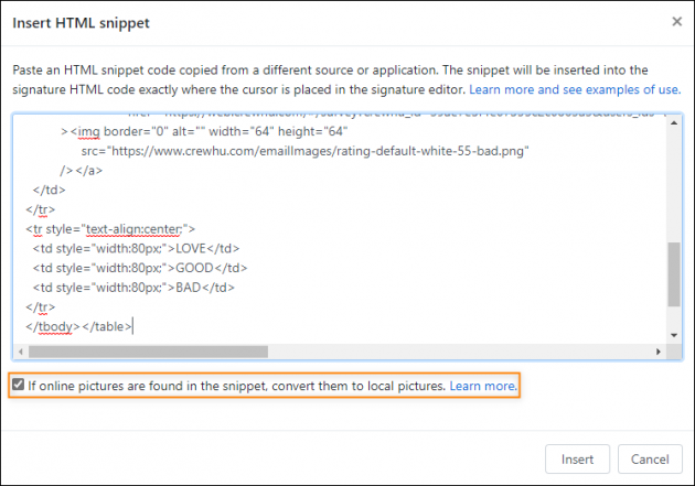 The Insert HTML snippet window.