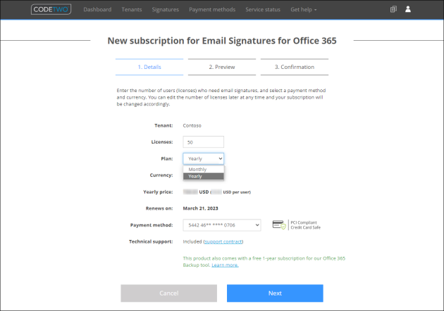 Selecting a new subscription plan.