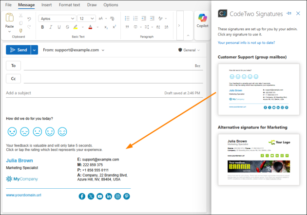 Inserting the signature designed for a group mailbox.