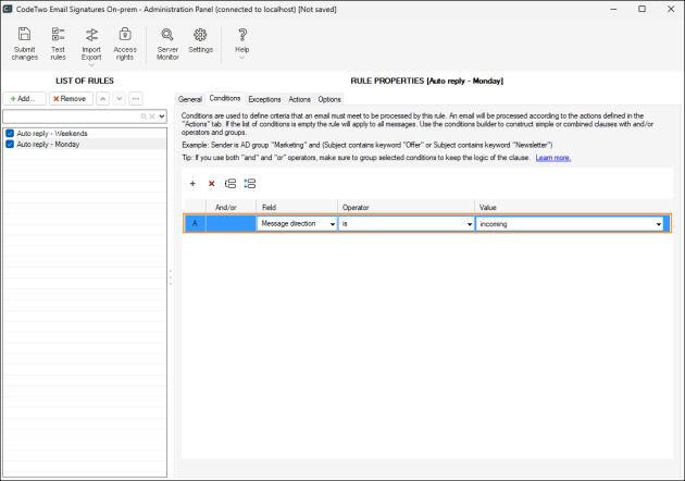Setting the message direction condition to incoming.