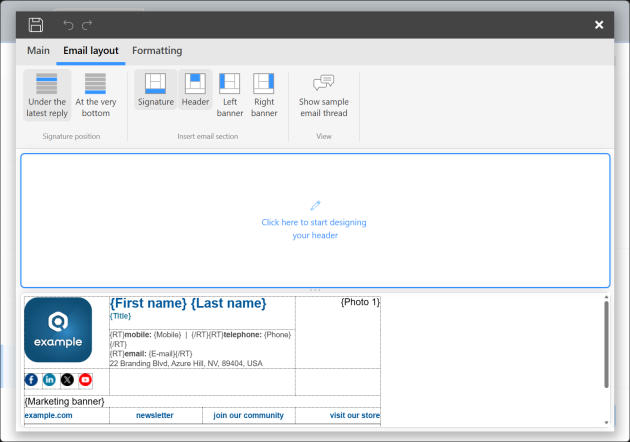 The Header section is highlighted, which means it is currently being edited.
