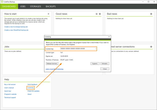 Locating the license key in CodeTwo backup software.