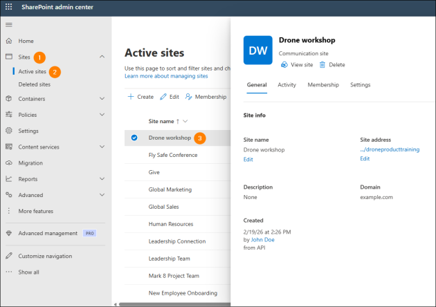 Accessing a site in the SharePoint admin center.