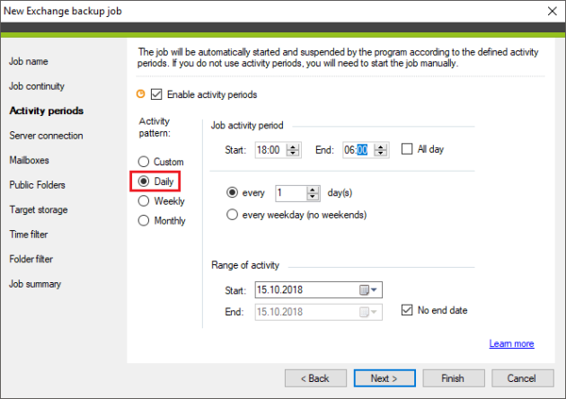 Customizing the Daily activity pattern for a backup job.