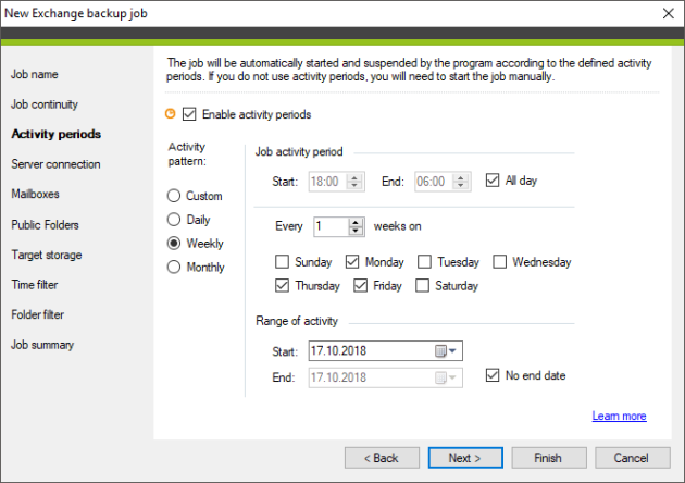 Sample configuration of the activity periods for a continuous backup job.