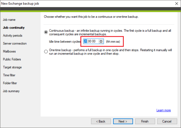 Setting the idle time between backup cycles.