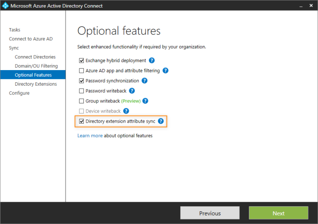 Configuration of Azure AD Connect, step 1.