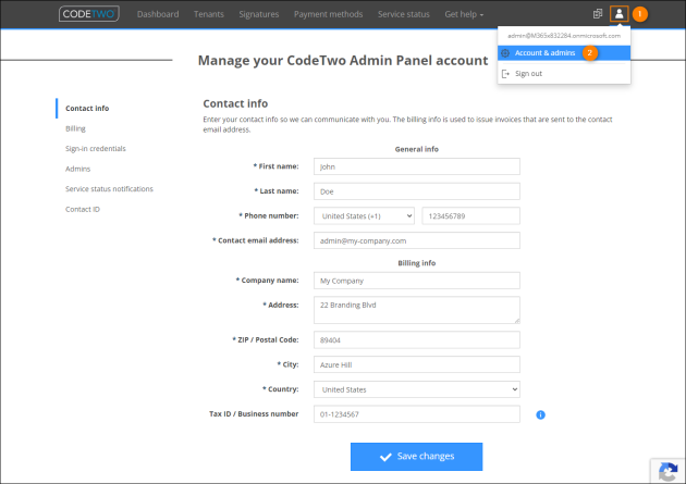 Admin Panel account management: editing contact information.