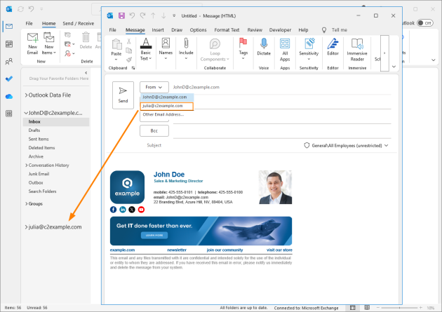 Selecting another account in the From field – the email will be sent from the selected account and that account’s signature will be added.