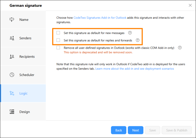 Leave these options unselected if you want users to select this signature manually.