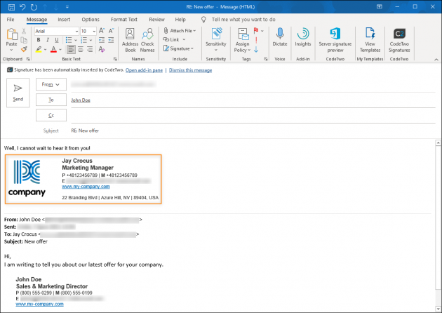 By default, signatures are added to the email body as you type a message in Outlook (or OWA).